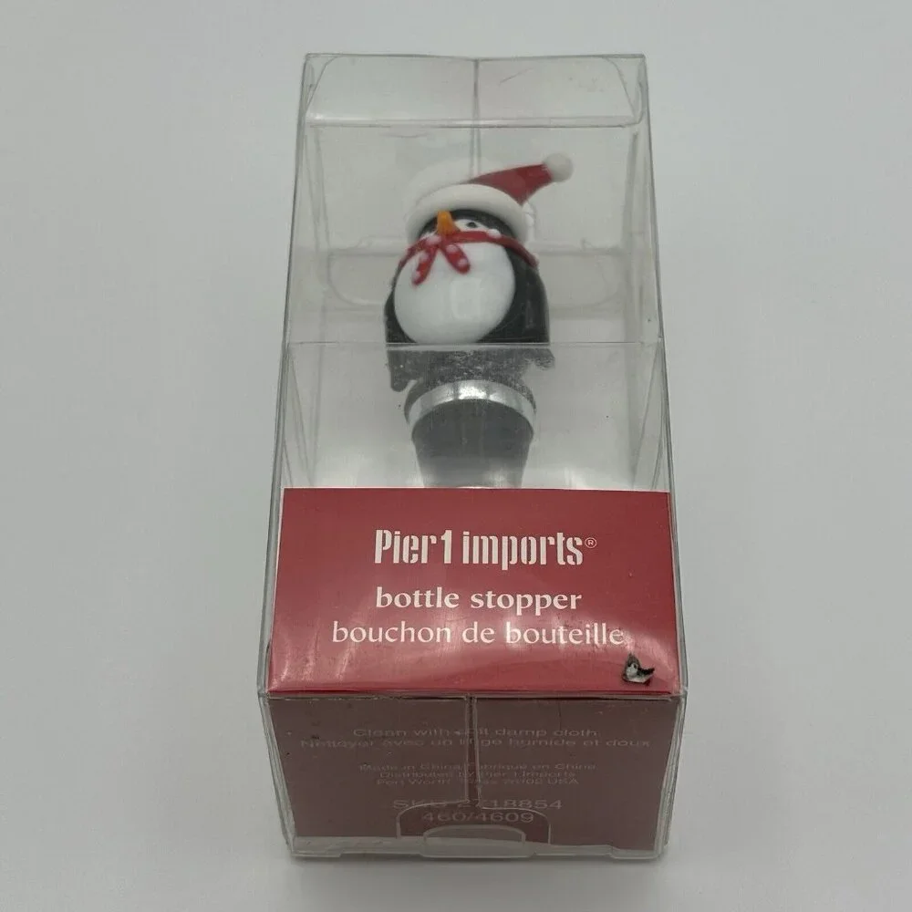 Pier 1 Imports Art Glass Penguin Wine Bottle Stopper Christmas Holiday Santa Hat